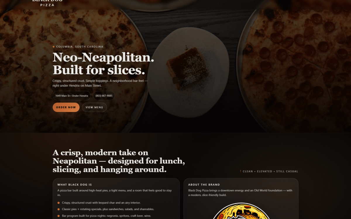 Black Dog Pizza website desktop view designed by MooseWeb