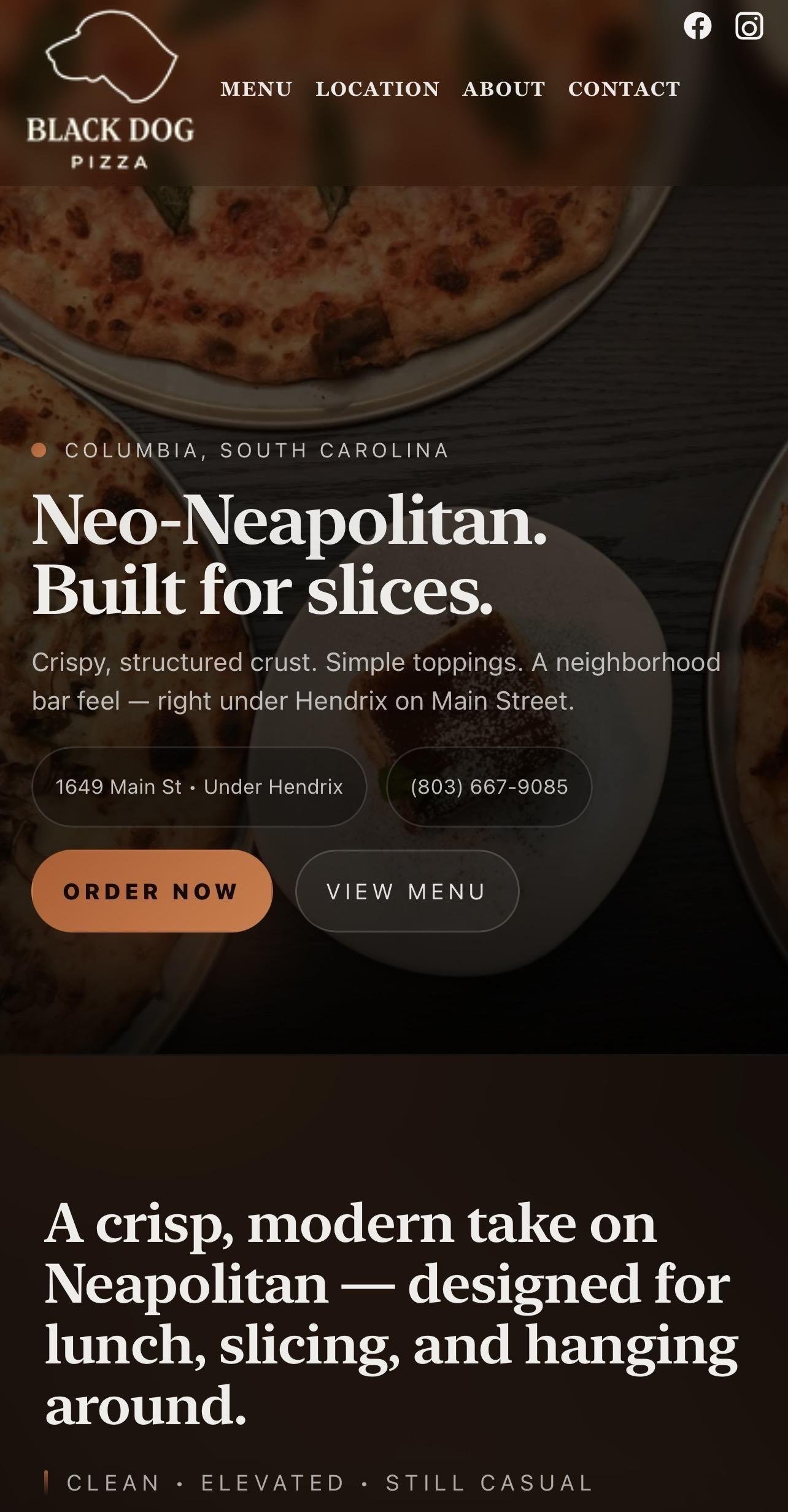 Black Dog Pizza website mobile view designed by MooseWeb