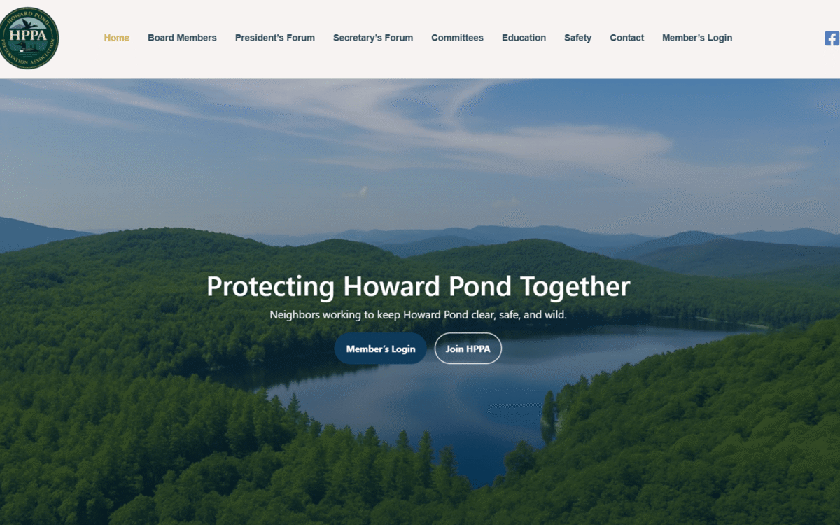 Howard Pond Preservation Association website desktop view designed by MooseWeb