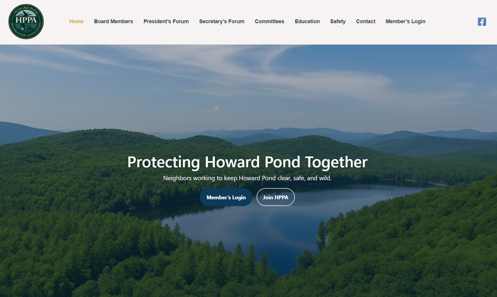 Howard Pond Preservation Association website desktop view designed by MooseWeb