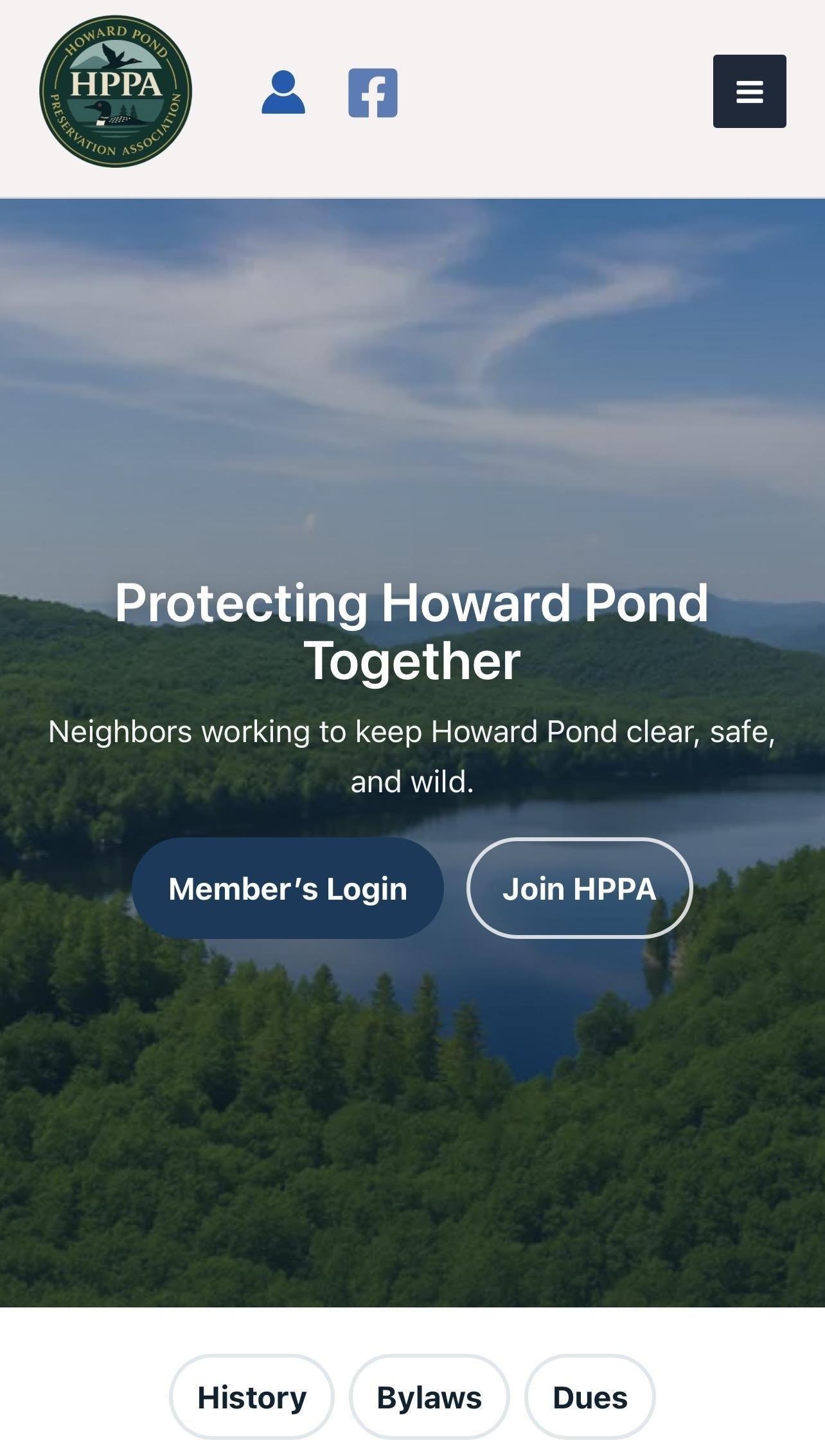 Howard Pond Preservation Association website mobile view designed by MooseWeb