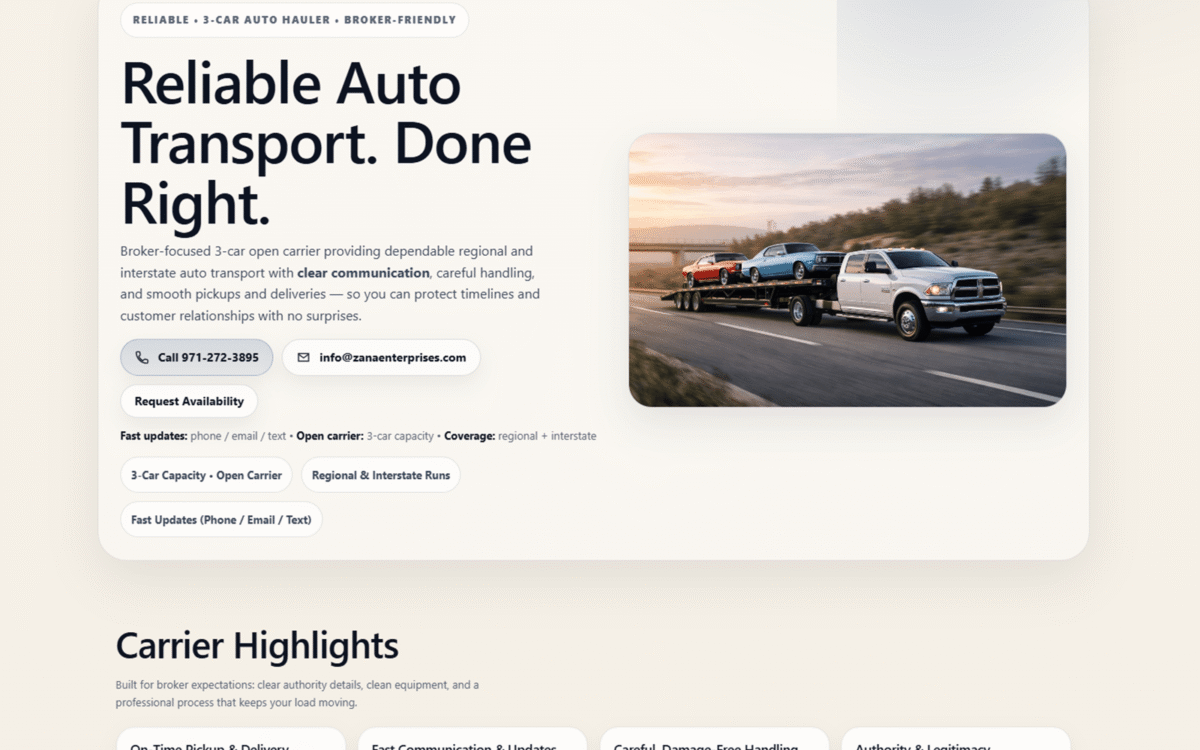 Zana Enterprises website desktop view designed by MooseWeb