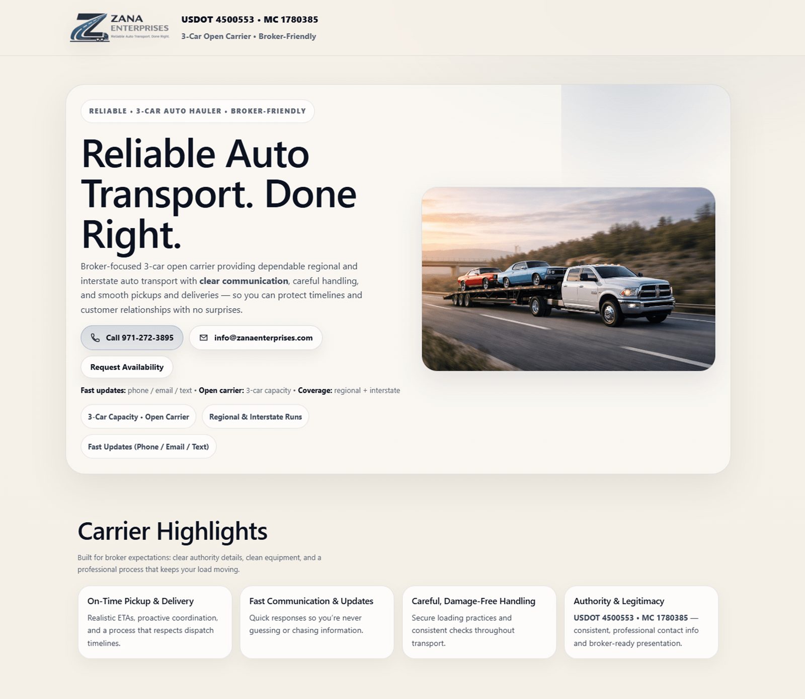 Zana Enterprises website desktop view designed by MooseWeb