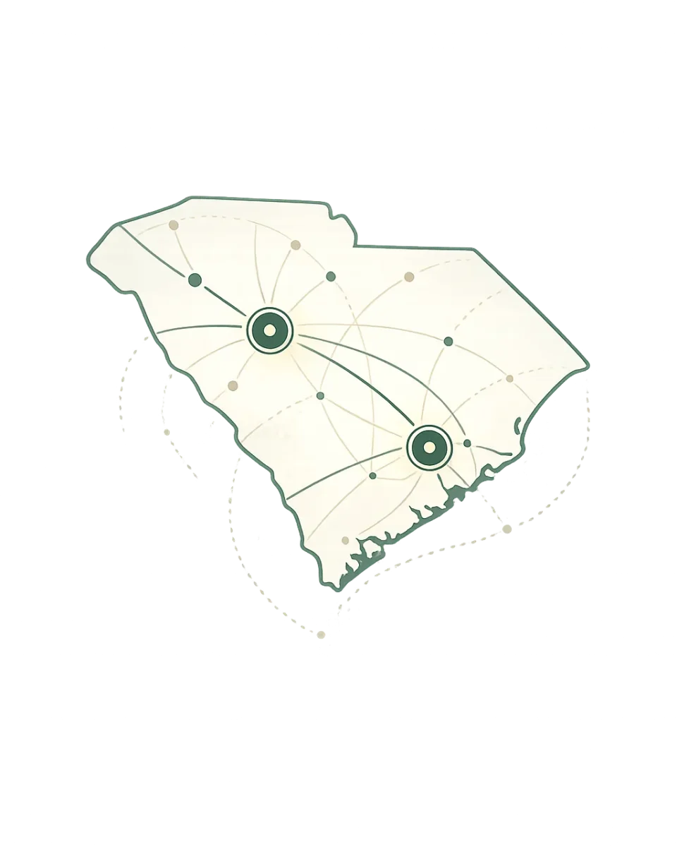 Map of South Carolina highlighting Columbia and Charleston