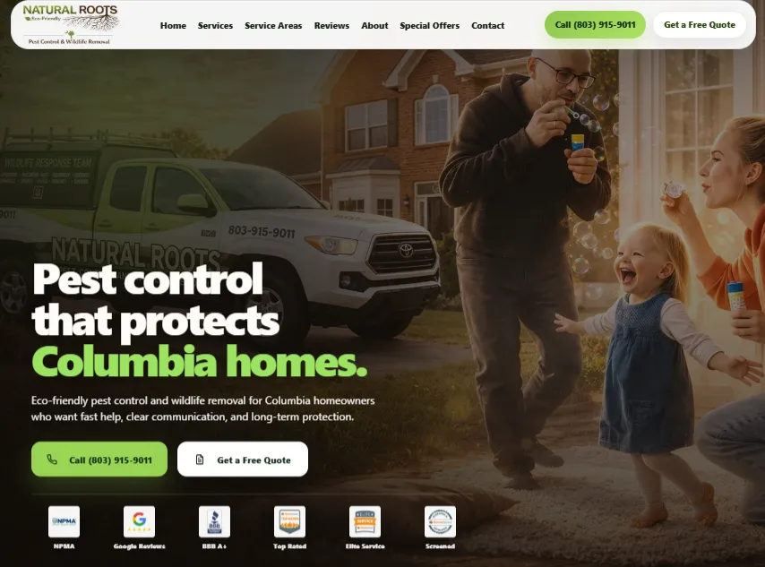 Natural Roots Pest Control website desktop view designed by MooseWeb