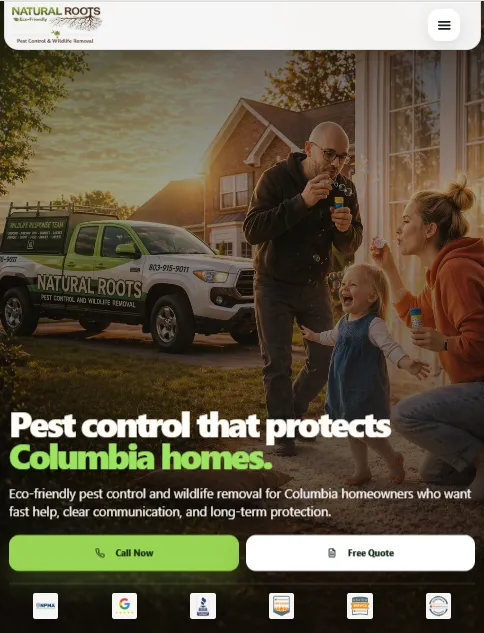 Natural Roots Pest Control website mobile view designed by MooseWeb