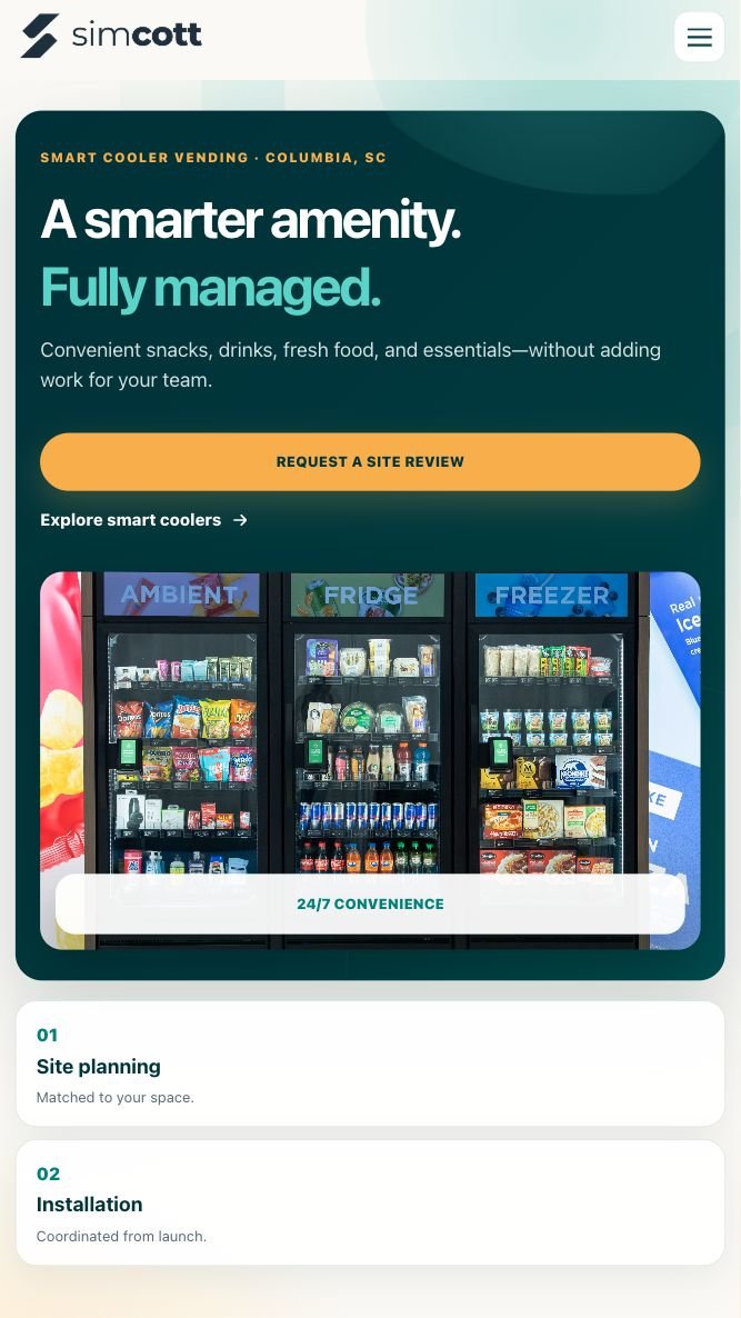 Simcott website mobile view designed by MooseWeb